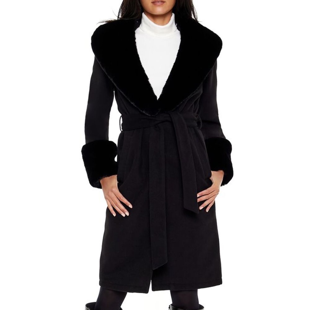 Forever 21 Faux Fur Trim Faux Suede Wrap Coat